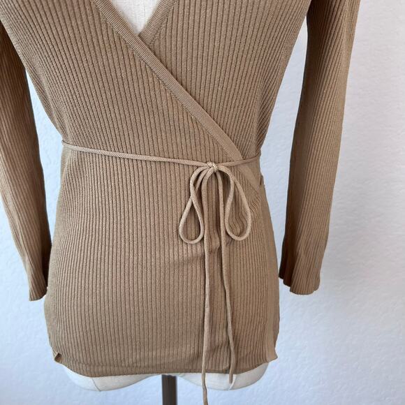Vintage 90s Y2K Beige Wrap Top Size PS V Neck Ribbed 3/4 Sleeve - Picture 4 of 11